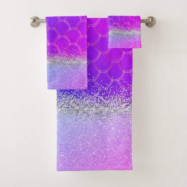 Hot Pink Purple Mermaid Glittery Bling  Bath Towel Set (Insitu)