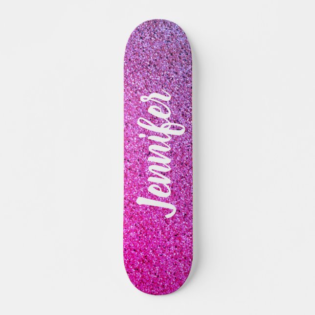 Hot Pink Purple Ombre Faux Glitter Personalised Skateboard (Front)