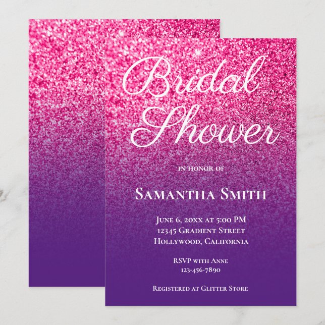Hot Pink Purple Ombre Glitter Bridal Shower Invitation (Front/Back)