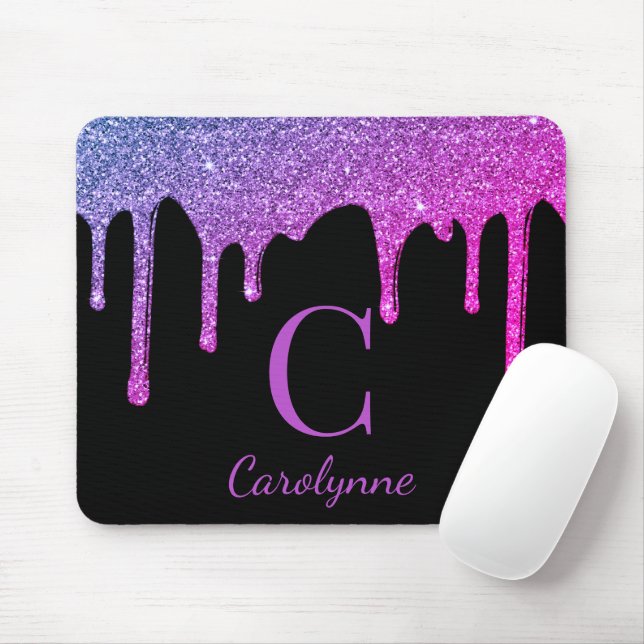 Hot Pink Purple Sparkle Glitter Drips Monogram Mouse Mat (With Mouse)