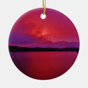 Hot Pink Purple sunset on Lake Arrowhead Ceramic Tree Decoration