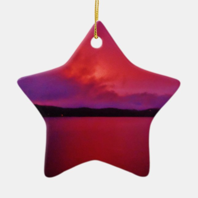 Hot Pink Purple sunset on Lake Arrowhead Ceramic Tree Decoration (Front)