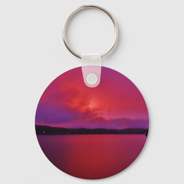 Hot Pink Purple sunset on Lake Arrowhead Key Ring (Front)