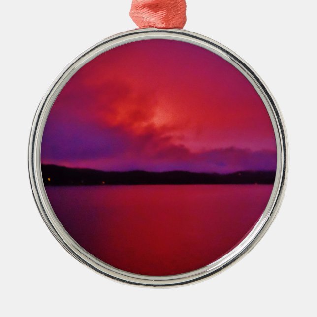 Hot Pink Purple sunset on Lake Arrowhead Metal Tree Decoration (Front)