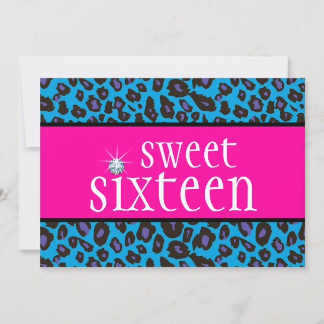 Hot Pink Purple Teal Blue Leopard Sweet Sixteen Invitation (Front)