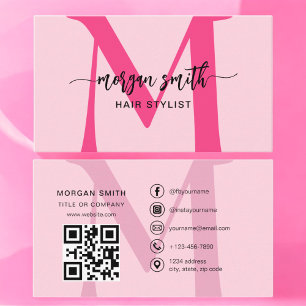 Hot Pink QR Code Script Girly Monogram Name Business Card