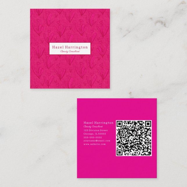 Hot Pink QR Code Square Business Card Floral  (Front/Back)