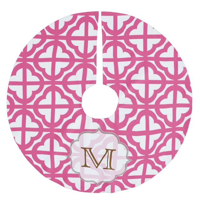 Hot Pink Quarterfoil Monogram Initial Tree Skirt (Front)