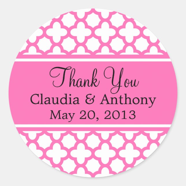 Hot Pink Quatrefoil Pattern Wedding Thank You Classic Round Sticker (Front)