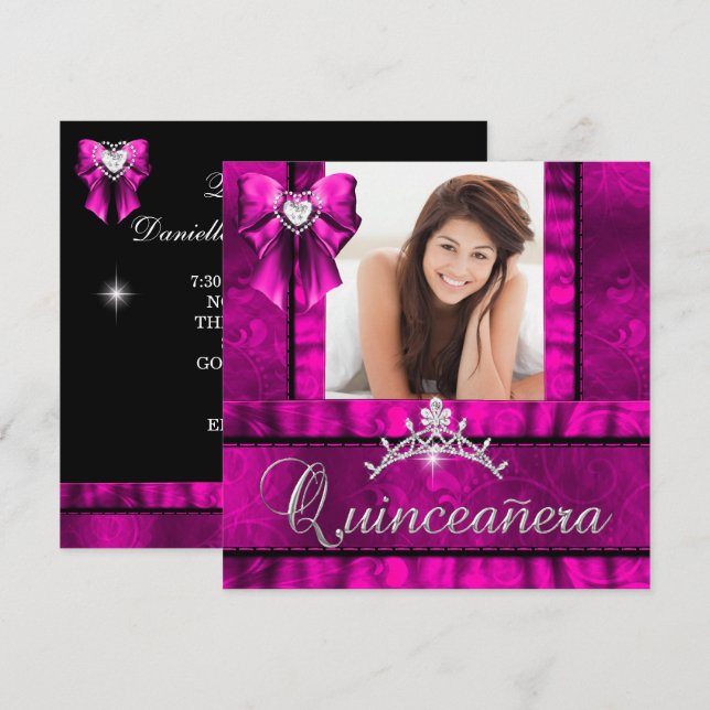 Hot Pink Quinceanera 15th Birthday Party Photo Invitation (Front/Back)
