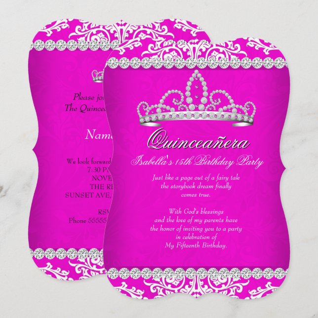 Hot Pink Quinceanera 15th Birthday Party Tiara Invitation (Front/Back)
