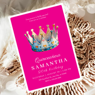 Hot Pink Quinceanera Crown Birthday Invitation