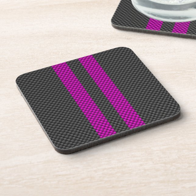 Hot Pink Racing Stripes in Carbon Fiber Style Coaster (Left Side)