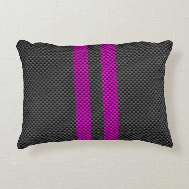 Hot Pink Racing Stripes in Carbon Fibre Style Decorative Cushion (Front)