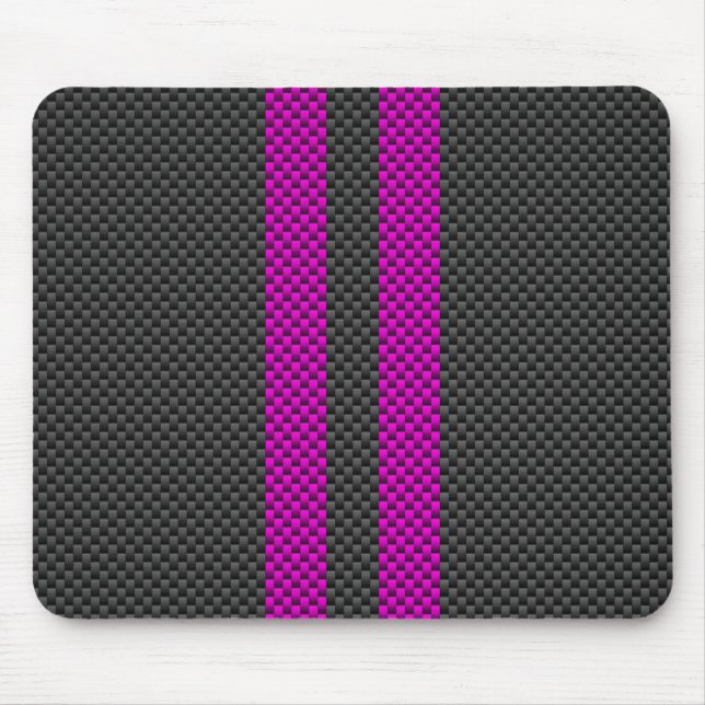 Hot Pink Racing Stripes in Carbon Fibre Style Mouse Mat (Front)