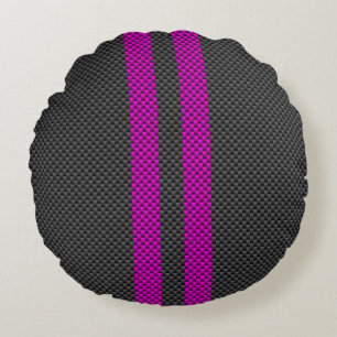 Hot Pink Racing Stripes in Carbon Fibre Style Round Cushion