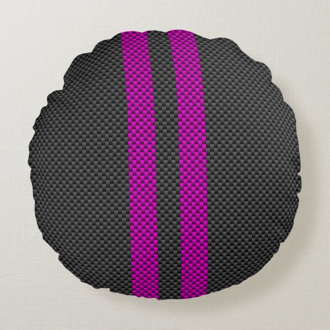 Hot Pink Racing Stripes in Carbon Fibre Style Round Cushion (Front)