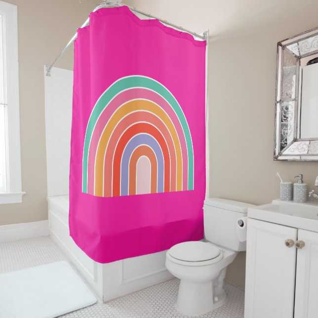 Hot Pink Rainbow Preppy Colourful Happy Rainbow Shower Curtain (In Situ)