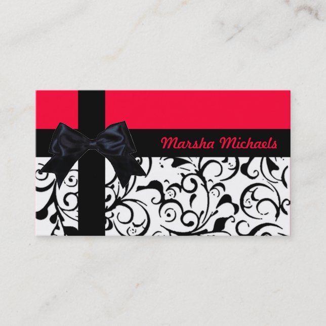 Hot pink red black damask custom business cards (Front)