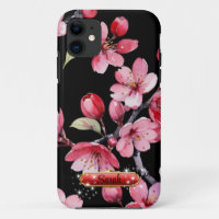 Hot Pink Red Cherry Blossoms Black Background