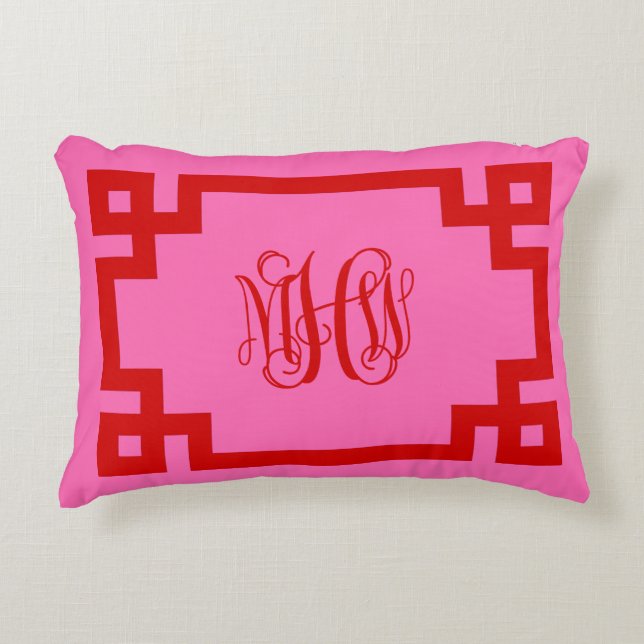 Hot Pink Red Greek Key Vine Monogram DIY BG Decorative Cushion (Front)