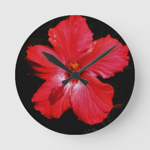 Hot Pink Red Hibiscus flower on Black Round Clock