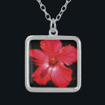 Hot Pink Red Hibiscus flower on Black Silver Plated Necklace<br><div class="desc">Beautiful photo of a Hot Pink Red Hibiscus flower on Black by Artist Sandra Marie Closs. Add your own text, name or monogram to create the perfect product for any occasion. Wedding, bridal party garden party, sympathy , birthday, baby shower, any celebration or just to make your day a little...</div>