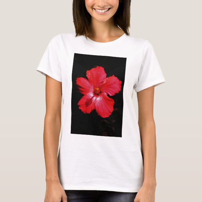 Hot Pink Red Hibiscus flower on Black T-Shirt (Front)
