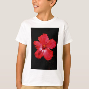 Hot Pink Red Hibiscus flower on Black T-Shirt