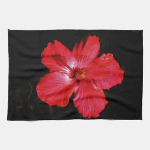 Hot Pink Red Hibiscus flower on Black Tea Towel