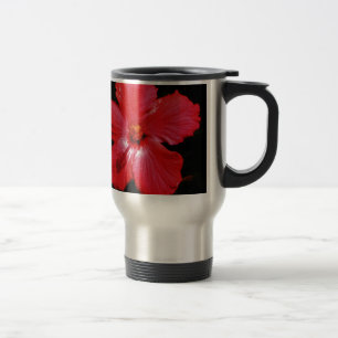 Hot Pink Red Hibiscus flower on Black Travel Mug