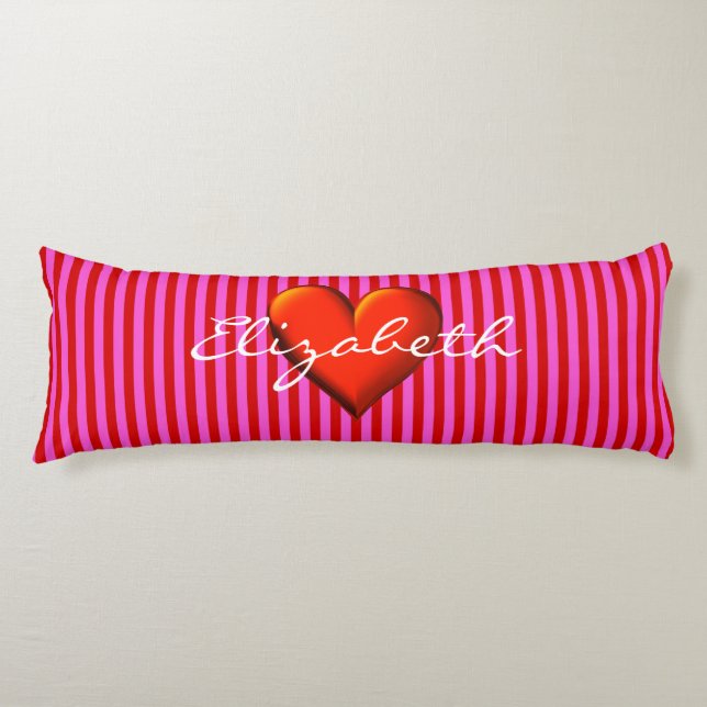 Hot Pink Red Stripe Red Metallic Heart Monogram Body Cushion (Front)