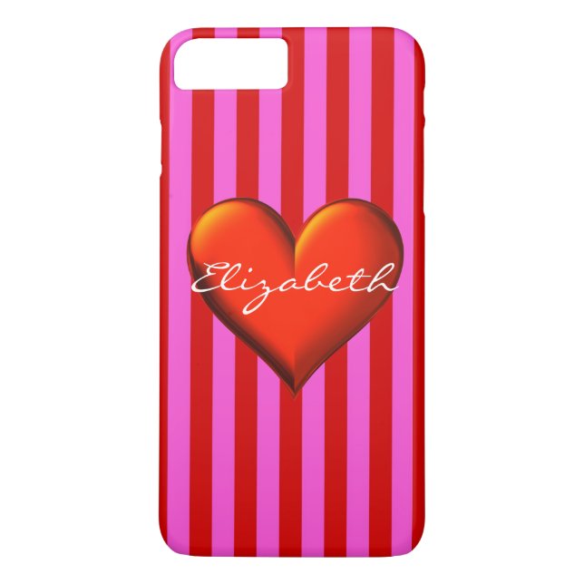 Hot Pink Red Stripe Red Metallic Heart Monogram Case-Mate iPhone Case (Back)