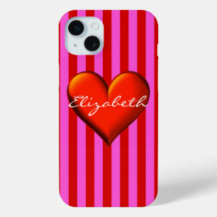 Hot Pink Red Stripe Red Metallic Heart Monogram iPhone 15 Mini Case