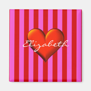 Hot Pink, Red Stripes, Red Metallic Heart Monogram Magnet
