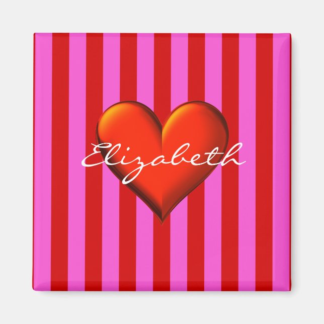 Hot Pink, Red Stripes, Red Metallic Heart Monogram Magnet (Front)