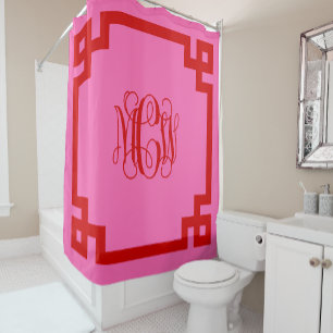Hot Pink Red Vine Script Monogram Greek Key DIY BG Shower Curtain