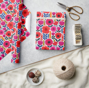 Hot Pink& Red Watercolor Flowers BOHO Chic Floral Wrapping Paper