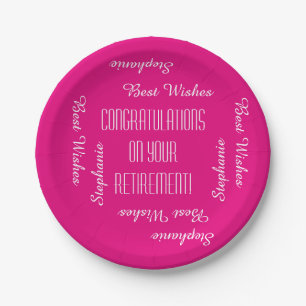 Hot Pink Retirement Party Repeating Names Paper Plate