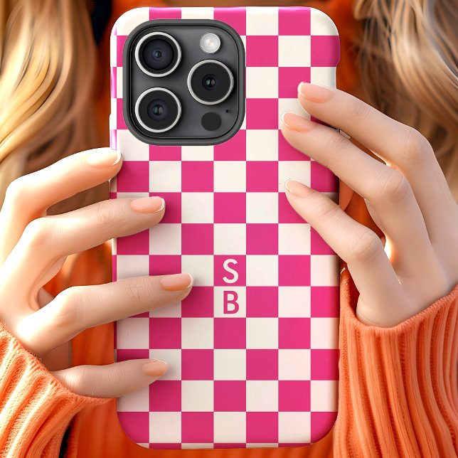 Hot Pink Retro Chequered Pattern Monogram iPhone 15 Case (Creator Uploaded)