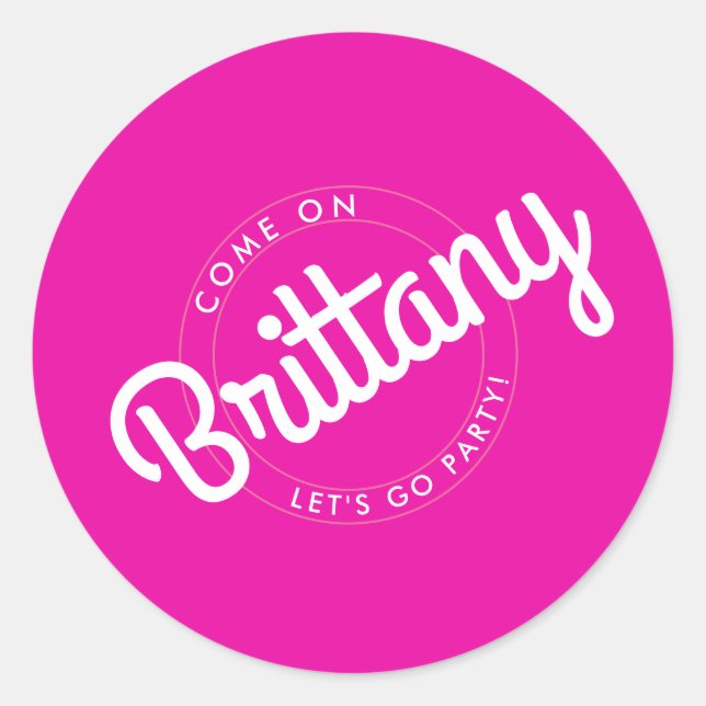 Hot Pink Retro Dolly Let's Go Party! Classic Round Sticker (Front)