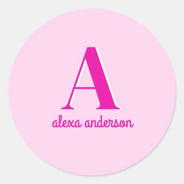 Hot Pink Retro Dolly Monogram Classic Round Sticker (Front)