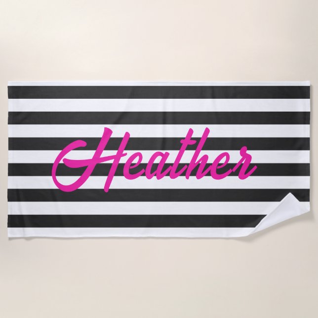 Hot Pink Retro Inspired Black White Name Beach Towel (Front)