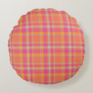 Hot Pink Retro Plaid with Orange and Blue Round Cushion