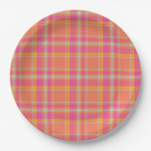 Hot Pink Retro Plaid with Orange and Blue Round Pi Paper Plate