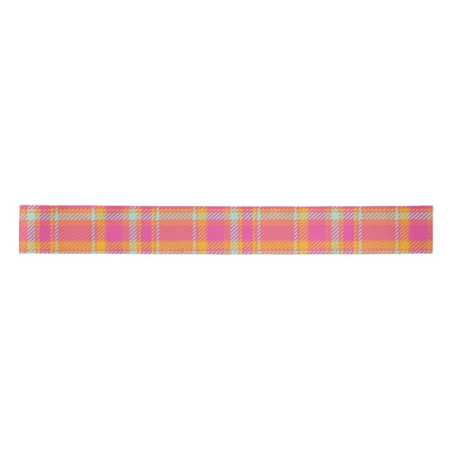 Hot Pink Retro Plaid with Orange and Blue  Satin Ribbon (Front)