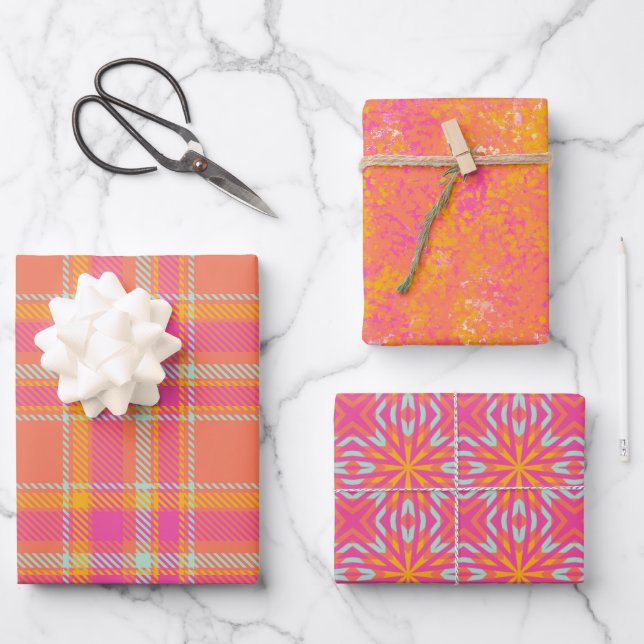 Hot Pink Retro Plaid with Orange and Blue  Wrapping Paper Sheet (Front)