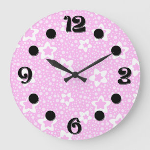 Hot pink retro polka dots with floral pattern large clock