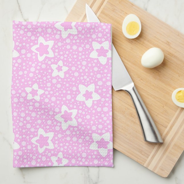 Hot pink retro polka dots with floral pattern tea towel (Quarter Fold)