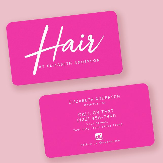 Hot Pink Retro Script Hairstylist  Business Card (Creator Uploaded)